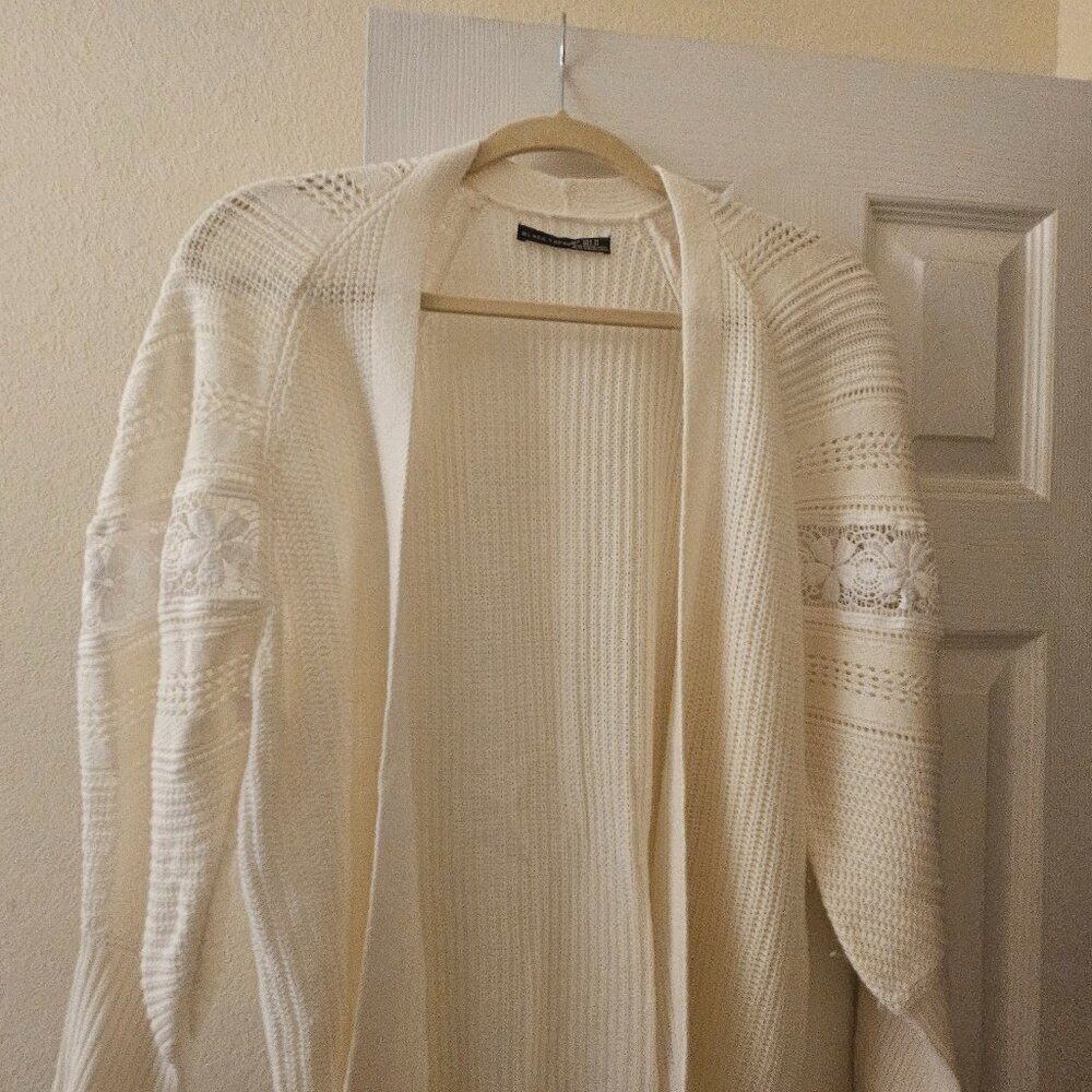 Boho Embroider Creme Boho Lace Grandmacore Ribbed Cabincore Cardigan Sweater L